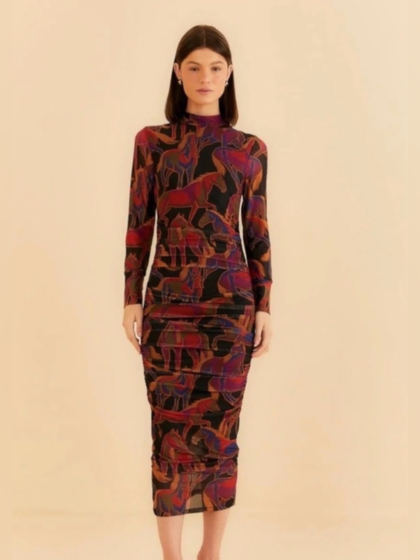 Sheer Horse-Print Long Sleeve Dress - Black With Burgundy & Brown